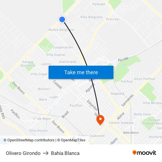 Olivero Girondo to Bahía Blanca map