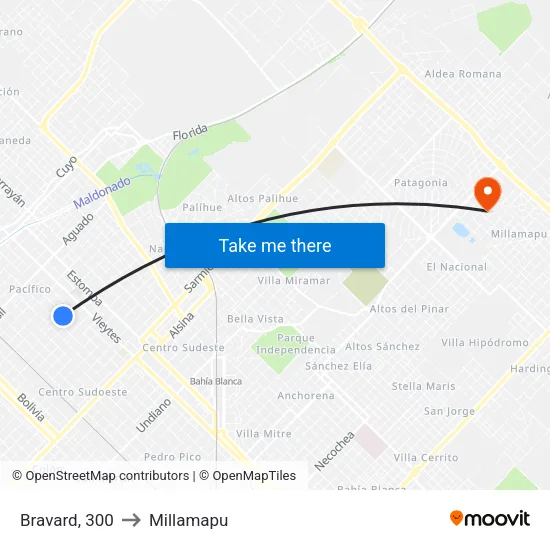 Bravard, 300 to Millamapu map
