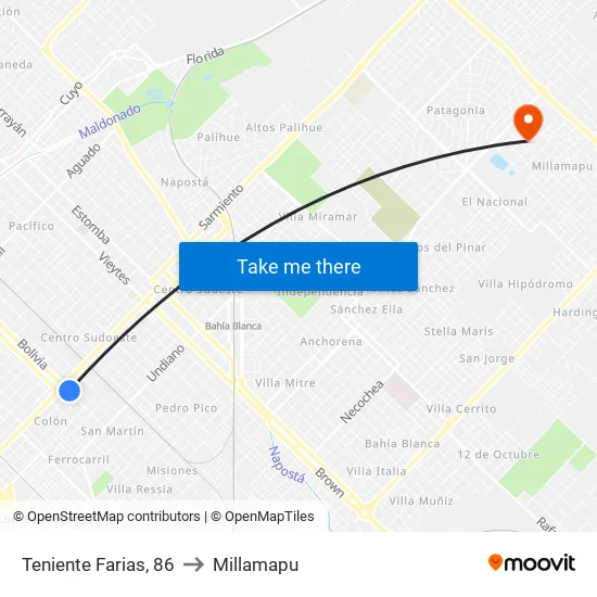 Teniente Farias, 86 to Millamapu map