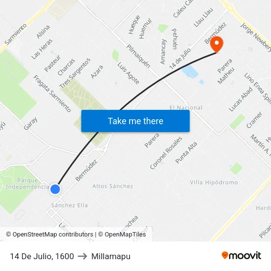 14 De Julio, 1600 to Millamapu map