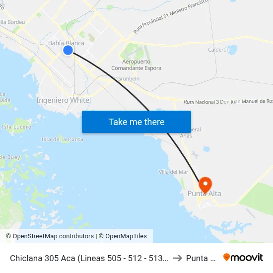 Chiclana 305 Aca (Lineas 505 - 512 - 513 - 513ex) to Punta Alta map