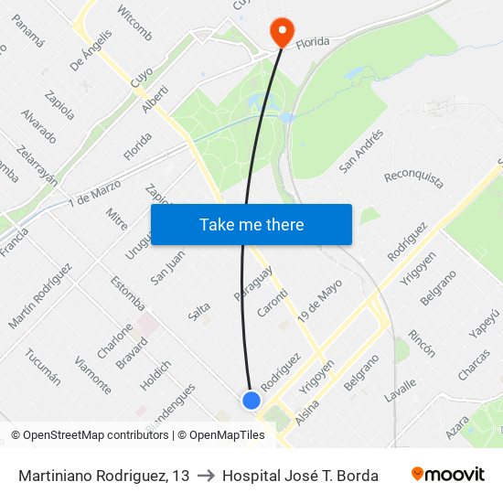 Martiniano Rodriguez, 13 to Hospital José T. Borda map