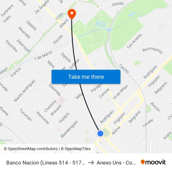 Banco Nacion (Lineas 514 - 517 - 319) to Anexo Uns - Conicet map