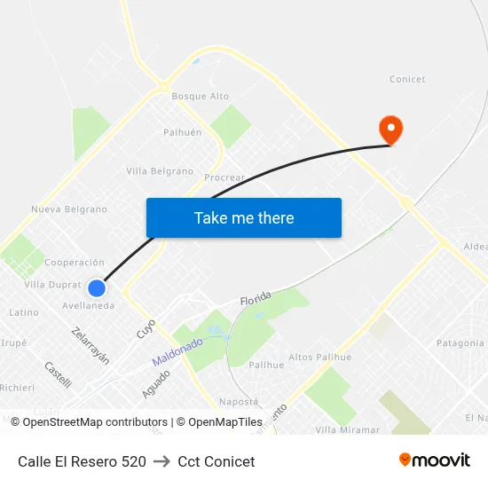 Calle El Resero 520 to Cct Conicet map