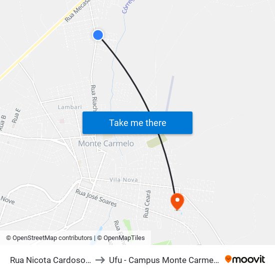 Rua Nicota Cardoso, 2100 to Ufu - Campus Monte Carmelo (Sesi) map