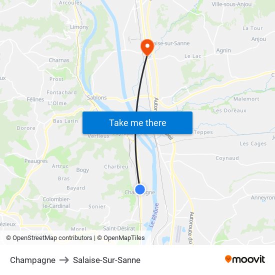 Champagne to Salaise-Sur-Sanne map