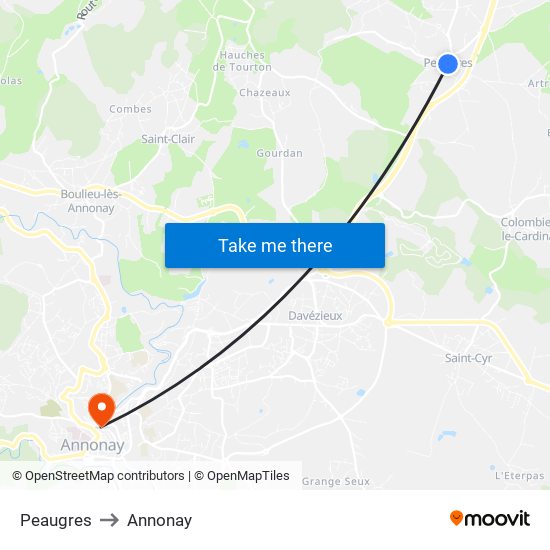 Peaugres to Annonay map