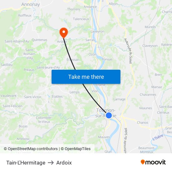 Tain-L'Hermitage to Ardoix map