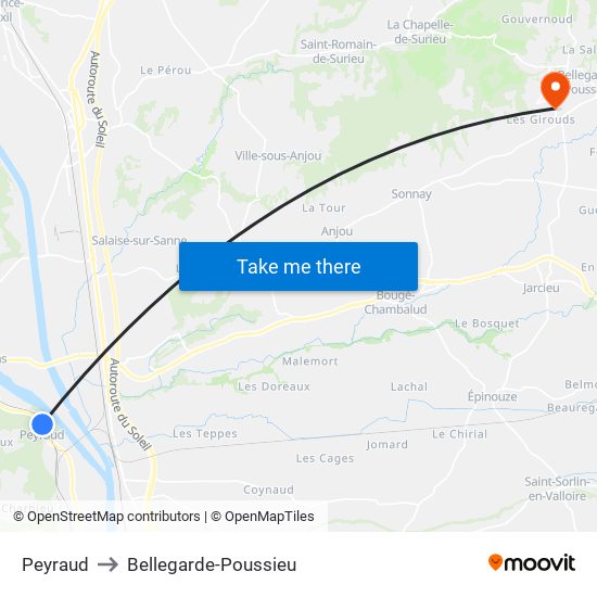 Peyraud to Bellegarde-Poussieu map