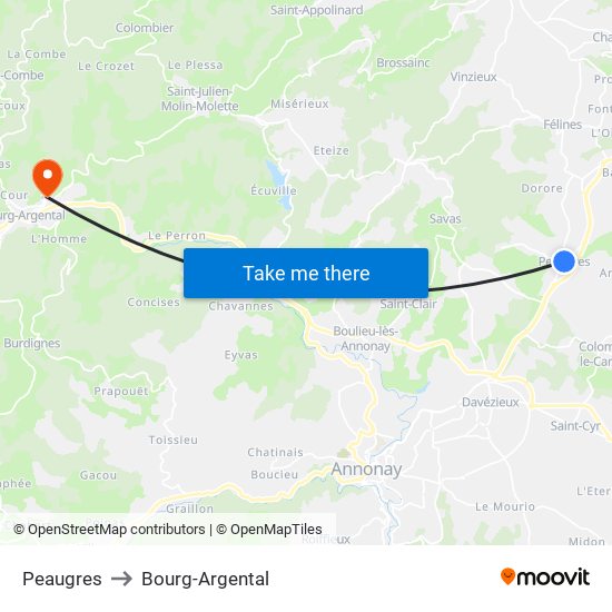 Peaugres to Bourg-Argental map
