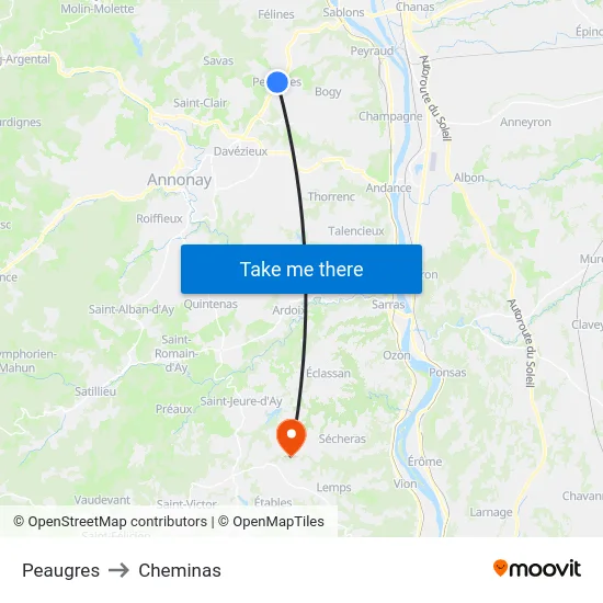 Peaugres to Cheminas map