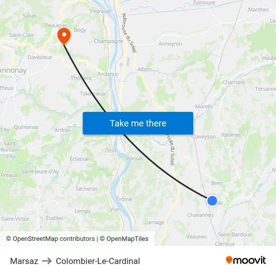 Marsaz to Colombier-Le-Cardinal map