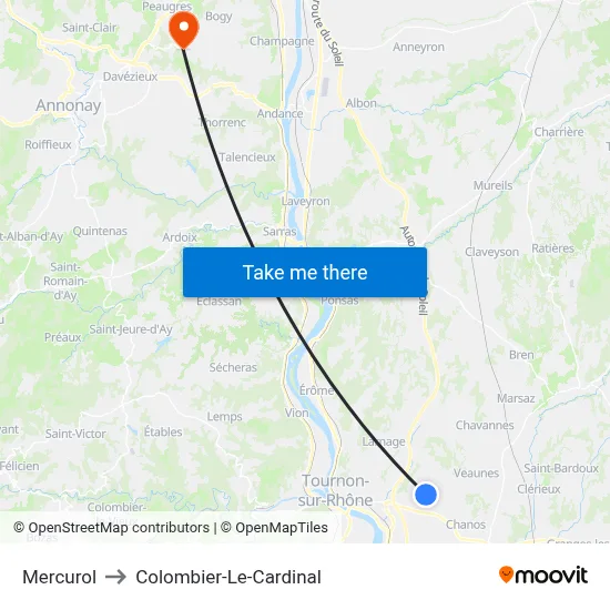 Mercurol to Colombier-Le-Cardinal map