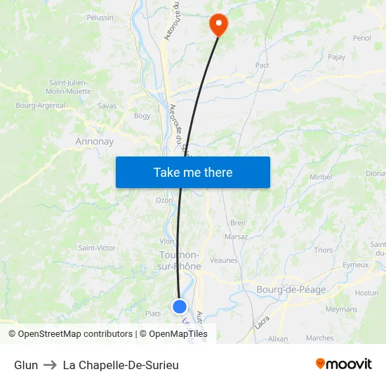 Glun to La Chapelle-De-Surieu map