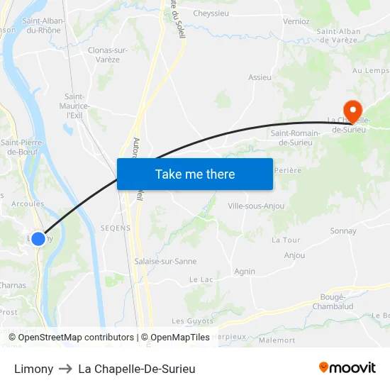 Limony to La Chapelle-De-Surieu map