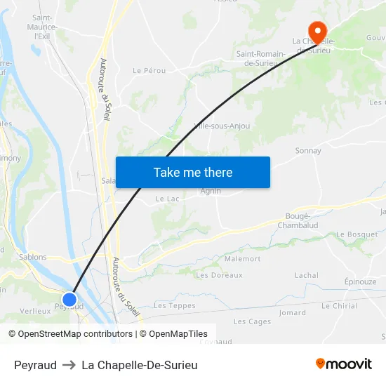 Peyraud to La Chapelle-De-Surieu map