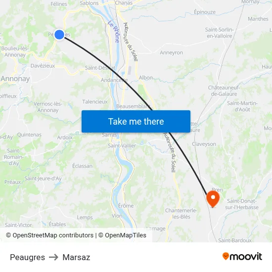 Peaugres to Marsaz map