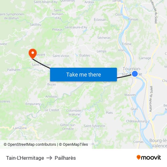 Tain-L'Hermitage to Pailharès map