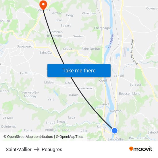 Saint-Vallier to Peaugres map