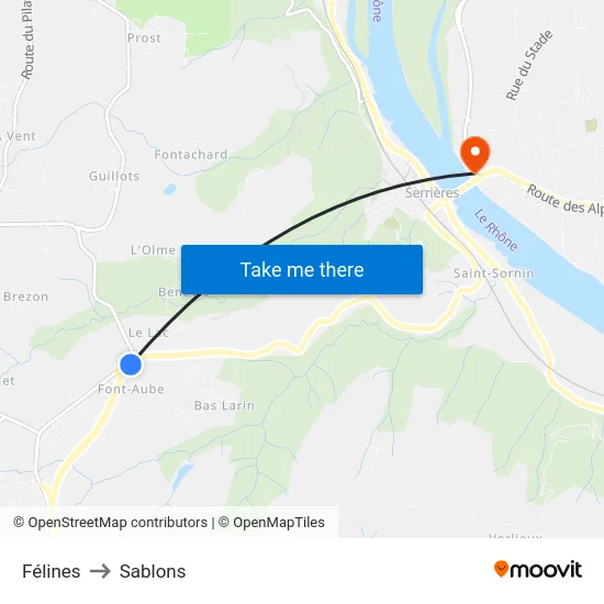 Félines to Sablons map