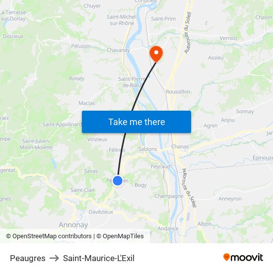 Peaugres to Saint-Maurice-L'Exil map