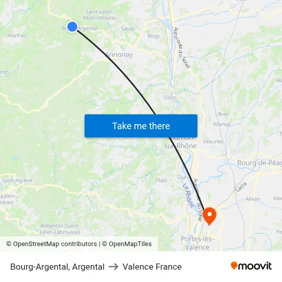 Bourg-Argental, Argental to Valence France map