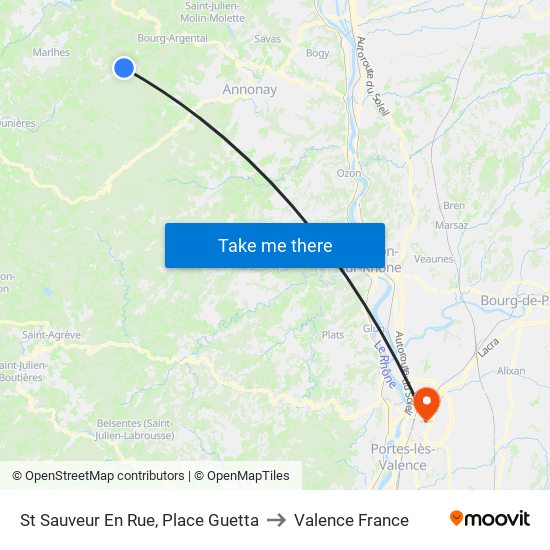 St Sauveur En Rue, Place Guetta to Valence France map