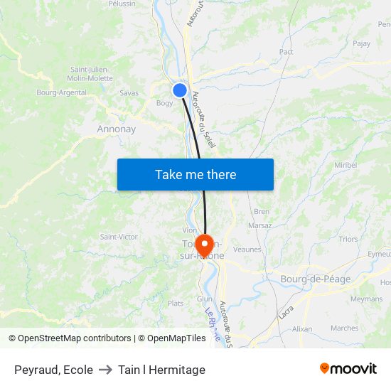 Peyraud, Ecole to Tain l Hermitage map