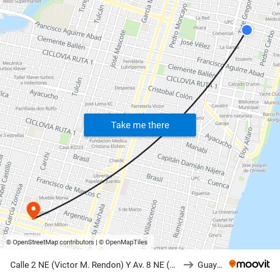 Calle 2 NE (Victor M. Rendon)  Y Av. 8 NE  (Baquerizo Moreno) to Guayaquil map
