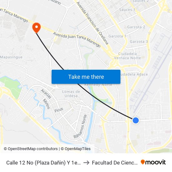 Calle 12 No (Plaza Dañin) Y 1er Pasaje 1 NE (Angel Flores) to Facultad De Ciencias Naturales (Ug) map