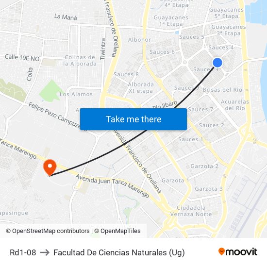 Rd1-08 to Facultad De Ciencias Naturales (Ug) map