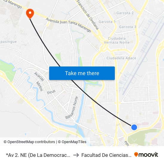 *Av 2. NE (De La Democracia)  Y Callejon 10 NE to Facultad De Ciencias Naturales (Ug) map