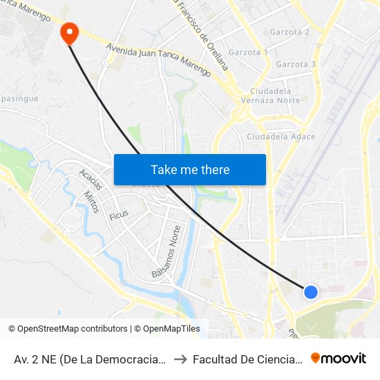 Av. 2 NE (De La Democracia) Y 1er Callejon 10 NE to Facultad De Ciencias Naturales (Ug) map