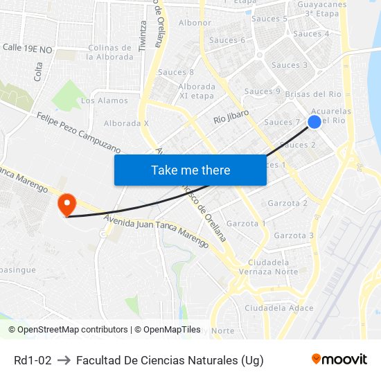 Rd1-02 to Facultad De Ciencias Naturales (Ug) map