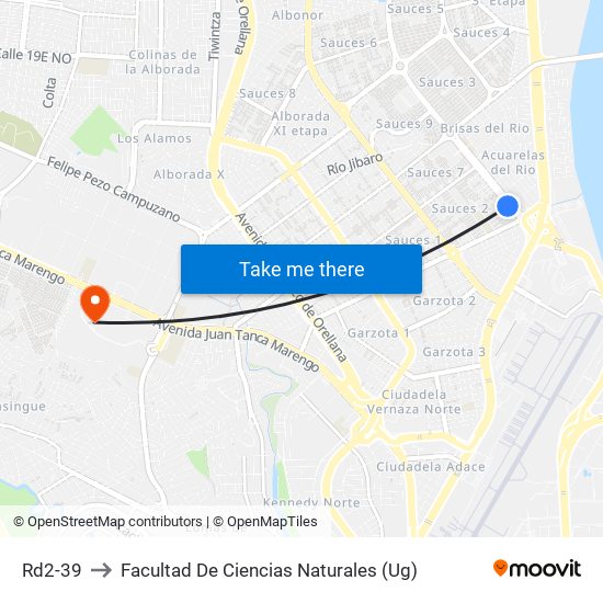 Rd2-39 to Facultad De Ciencias Naturales (Ug) map