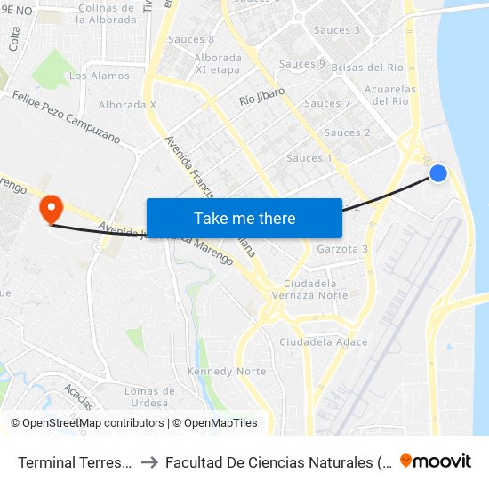 Terminal Terrestre to Facultad De Ciencias Naturales (Ug) map