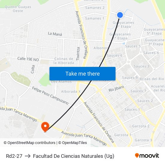 Rd2-27 to Facultad De Ciencias Naturales (Ug) map