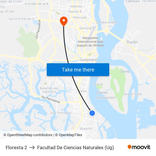 Floresta 2 to Facultad De Ciencias Naturales (Ug) map
