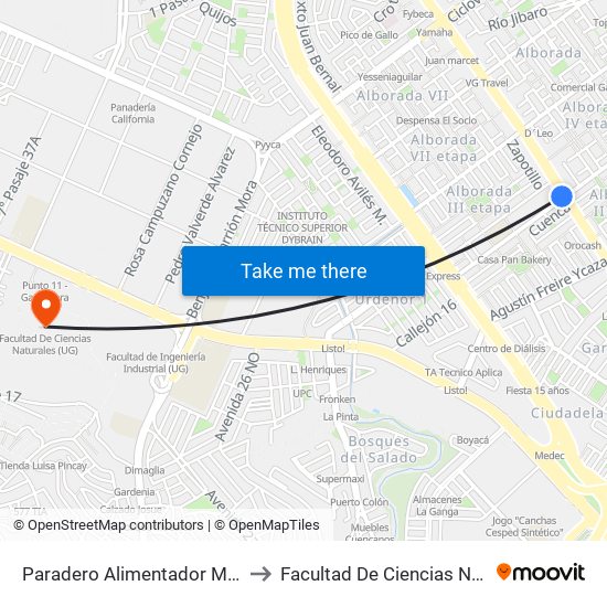 Paradero Alimentador Mi Comisariato to Facultad De Ciencias Naturales (Ug) map