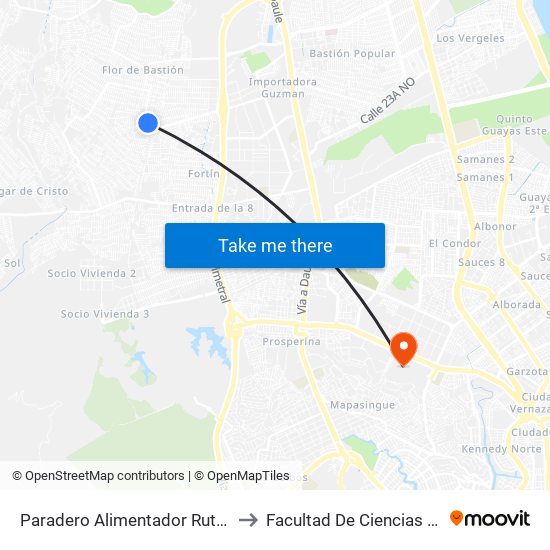 Paradero Alimentador Ruta Flor De Bastión to Facultad De Ciencias Naturales (Ug) map