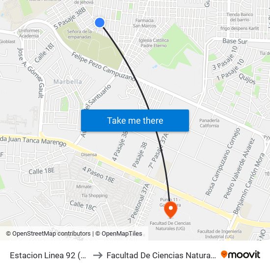 Estacion Linea 92 (Salida) to Facultad De Ciencias Naturales (Ug) map