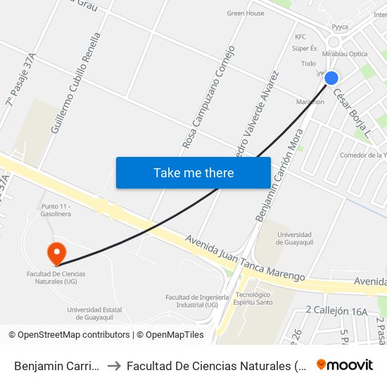 Benjamin Carrion to Facultad De Ciencias Naturales (Ug) map