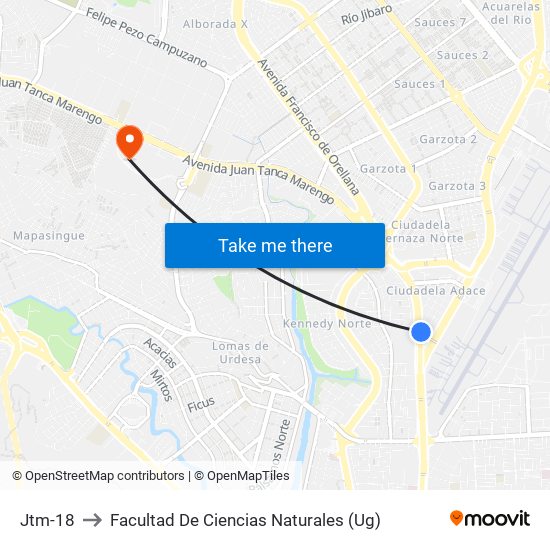 Jtm-18 to Facultad De Ciencias Naturales (Ug) map