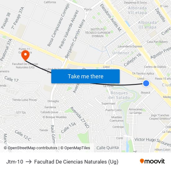 Jtm-10 to Facultad De Ciencias Naturales (Ug) map