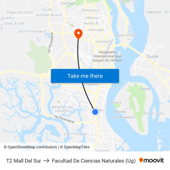 T2 Mall Del Sur to Facultad De Ciencias Naturales (Ug) map
