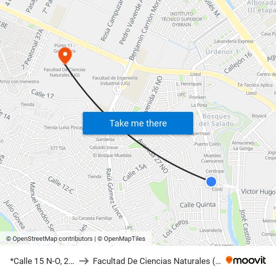 *Calle 15 N-O, 200 to Facultad De Ciencias Naturales (Ug) map