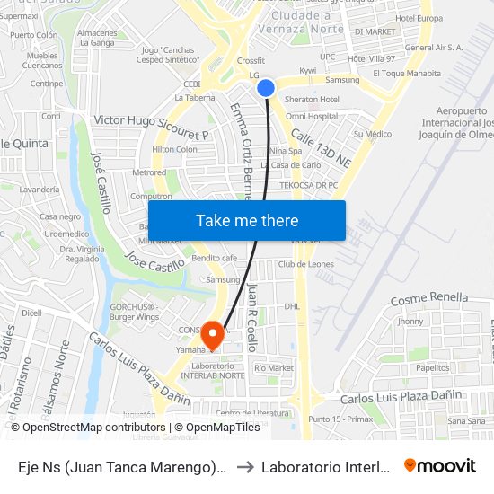 Eje Ns (Juan Tanca Marengo) Y 1er Callejon 13 NE (Calle Primera) to Laboratorio Interlab Matriz Administrativa map