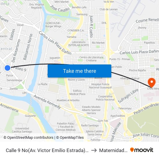 Calle 9 No(Av. Victor Emilio Estrada) Y Av. 26 No (Todos Los Santos) (Iglesia La Redonda) to Maternidad Alfredo G. Paulson map