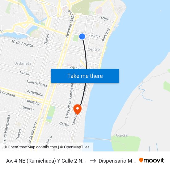 Av. 4 NE (Rumichaca)  Y Calle 2 NE  (Victor M. Rendon) to Dispensario Médico Iess map