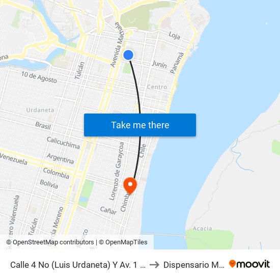 Calle 4 No (Luis Urdaneta) Y Av. 1 No (Pedro Moncayo) to Dispensario Médico Iess map